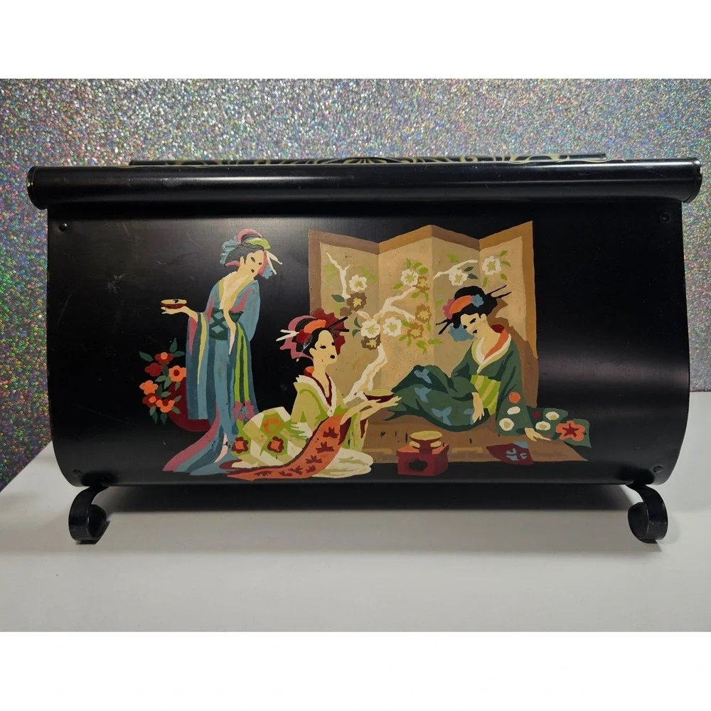 Vintage MCM Handpainted Metal Magazine Rack Geisha Litho Gold Scroll Chinoiserie